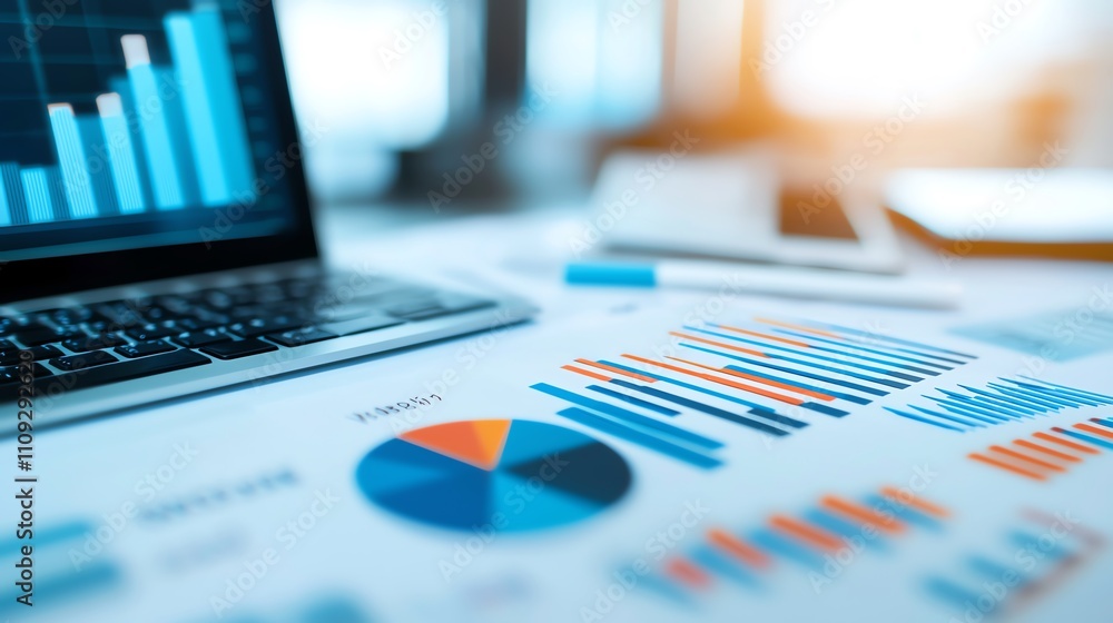 Poster a close-up of a laptop displaying graphs and charts on a desk. the data visualization indicates busi