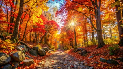 Fototapeta premium Autumn Hiking Trail Photography: Colorful Leaves, Rocky Path, Fall Foliage, Nature Scenery