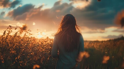 Cinematic shot of a woman enjoying a sunset in a vibrant field on a Saturday morning