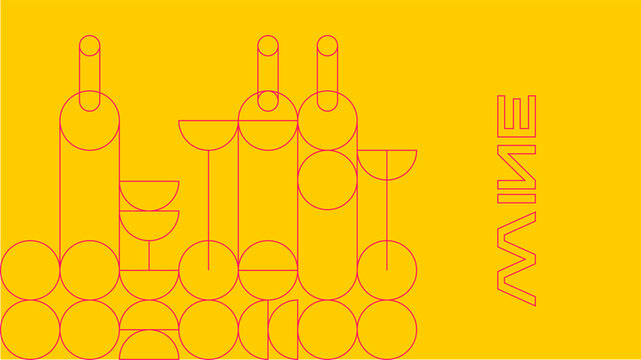 Minimalist wine design with line art bottles and glasses on a bright yellow background, offering a retro and creative style for winery posters and menus.