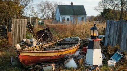 Obraz premium Rowboat ruins and lighthouse decor litter yard.