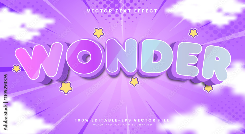 Poster wonder rainbow style 3d editable text effect template with cloudy background
