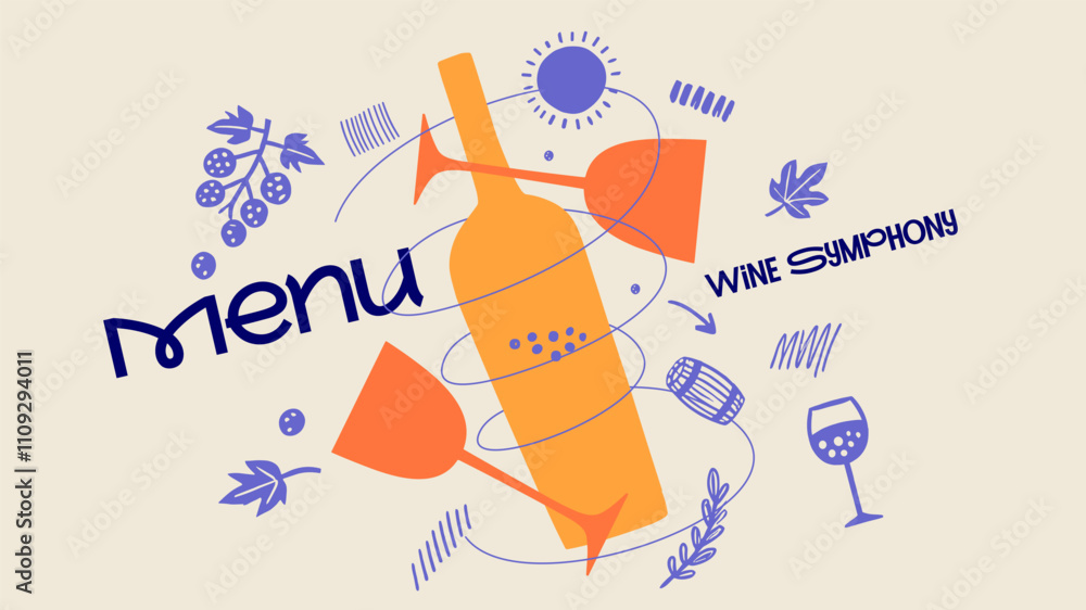 Poster dynamic design featuring an orange wine bottle, spiraling glasses, and delicate grape patterns, idea