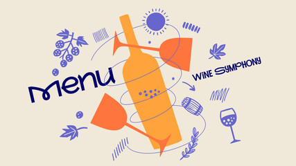 Dynamic design featuring an orange wine bottle, spiraling glasses, and delicate grape patterns, ideal for winery menus or festival posters.