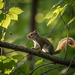 Obraz premium The most small squirrel sitting on tree branch,ai generative 