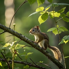 Obraz premium The most small squirrel sitting on tree branch,ai generative 