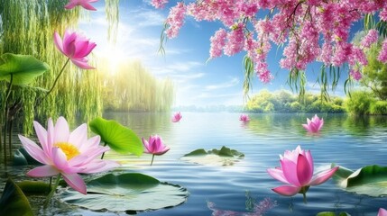 Pink waterlily bloom adorns the pond.
