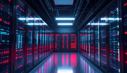 Obraz premium Hightech data center or server room in neon light, vertical format with a white accent, png