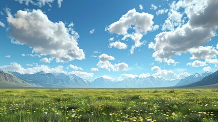 Stunning peruvian grasslands with majestic alps under a clear blue sky and fluffy white clouds