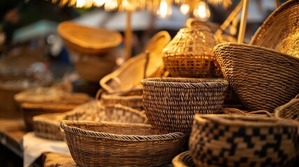Warm, detailed view of handcrafted wicker baskets in market.