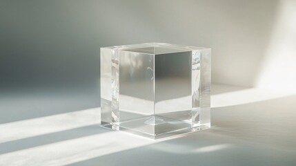 Clear acrylic cube displayed on a light grey surface with soft lighting effects