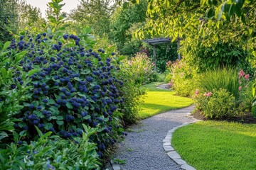 Obraz premium A lively blue huckleberry bush with ripening blueberries in a cared for garden