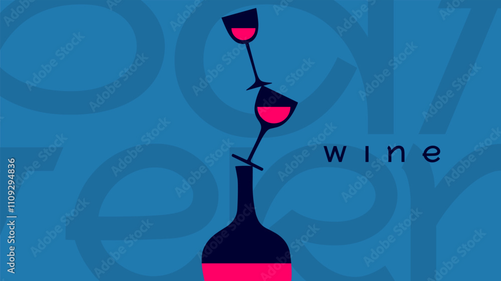 Aufkleber dynamic wine concept with stacked glasses balancing on a bottle, creating a bold and modern artistic