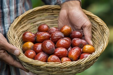 Obraz premium A person s hand is grasping multiple small jujubes which are in a woven basket
