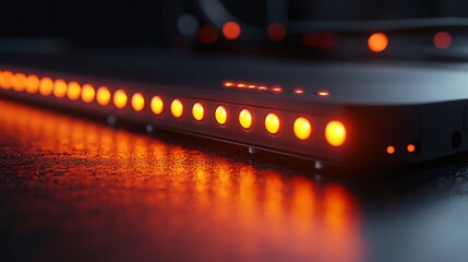 Close-up view of a router with glowing LEDs in a dimly lit room at night