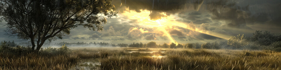 Fototapeta premium Clearing Skies: The Calm After the Thunderstorm - Visualize a scene where the skies clear after a thunderstorm, with the sun breaking through the clouds and casting a golden light on the wet landscape