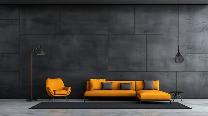 A minimalist living room with contemporary furniture, bright orange accent chairs, and abstract art, combining warm tones with clean lines to create a harmonious and inviting space ideal for 