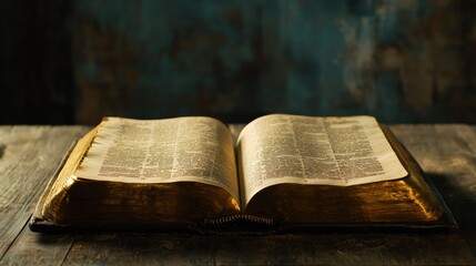 Obraz premium Close-up of open Bible on wooden table, sunlight illuminating sacred text, serene contemplative scene with ample copy space for text or design. 
