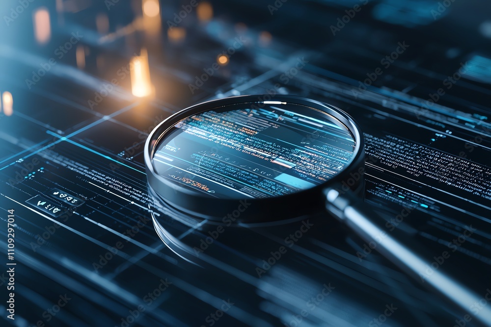 Poster a close-up view of a magnifying glass focusing on intricate digital data patterns, symbolizing the s