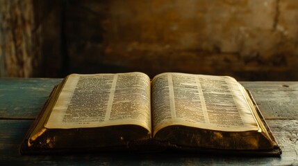Obraz premium Close-up of open Bible on wooden table, sunlight illuminating sacred text, serene contemplative scene with ample copy space for text or design. 