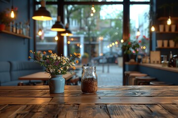 Rustic table in a cafe with flowers and coffee beans