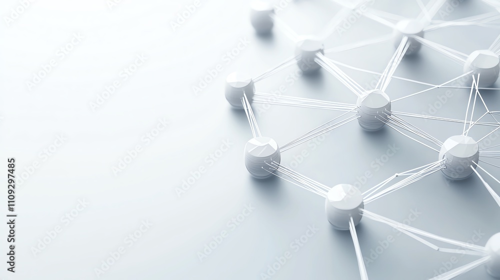 Poster a close-up view of a modern network connectivity design, showcasing white nodes connected by fine li