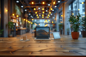 A laptop and tablet sit on a rustic wooden table in a modern office space.