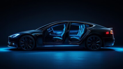 Sleek black electric car with doors open, illuminated in blue light.