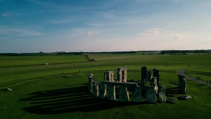 Drone view of Stonehenge and Wiltshire Countryside in England, UK. The stone circle dates to 3000 BC and is one of the best known ancient wonders of the world and UNESCO World Heritage Site.