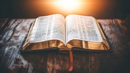 Obraz premium Close-up of open Bible on wooden table, sunlight illuminating sacred text, serene contemplative scene with ample copy space for text or design. 