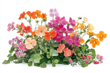 Fototapeta premium Assortment of garden blooms nasturtium geranium sweet pea ixia on light backdrop