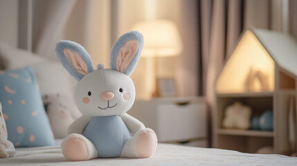 Plush blue bunny toy on cozy bed in nursery