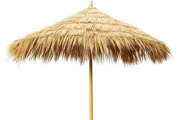 Beach umbrella made of reed and straw on a white background