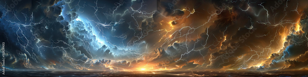 Poster electrifying skies: the drama and power of thunderstorms - visualize a scene where thunderstorms ele