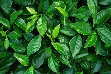 Fototapeta premium Bird s eye view of Camellia sinensis tea gardens with young leaves in Munnar Kerala India