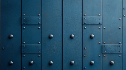 Obraz premium A close-up view of a textured blue metal wall featuring large rivets and a series of panels. The industrial design showcases a blend of strength and modern aesthetics.