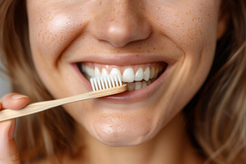 Naklejka premium Close-up of a person brushing their teeth with a bamboo toothbrush, advocating plastic-free living
