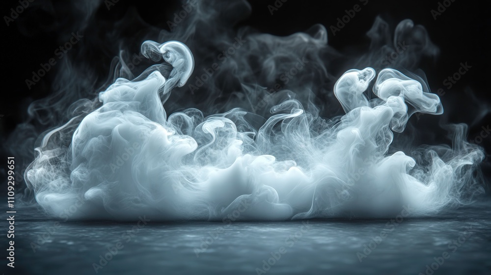 Poster ethereal wandering mist emitting from surface, creating intricate patterns against a dark background