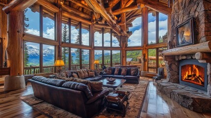 Luxurious log cabin living room with panoramic mountain views, fireplace, and leather sofas.