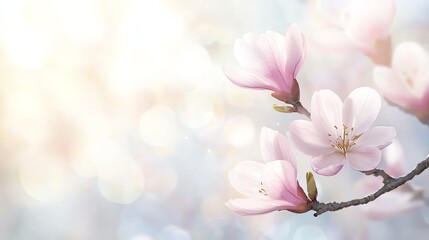 Obraz premium A close-up view of delicate pink blossoms accentuated by soft, dreamy bokeh in the background, symbolizing beauty and tranquility in nature's springtime awakening.