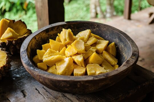 Bowl of jackfruit cooking demo supplies at rural school near Galle Sri Lanka