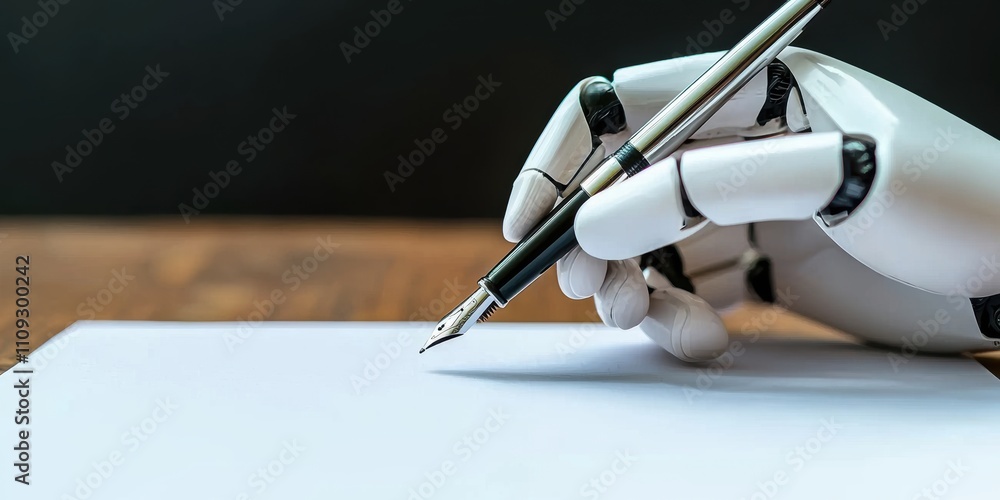 Poster photo of a robot hand writing with an ink pen on paper, symbolizing the integration and application 