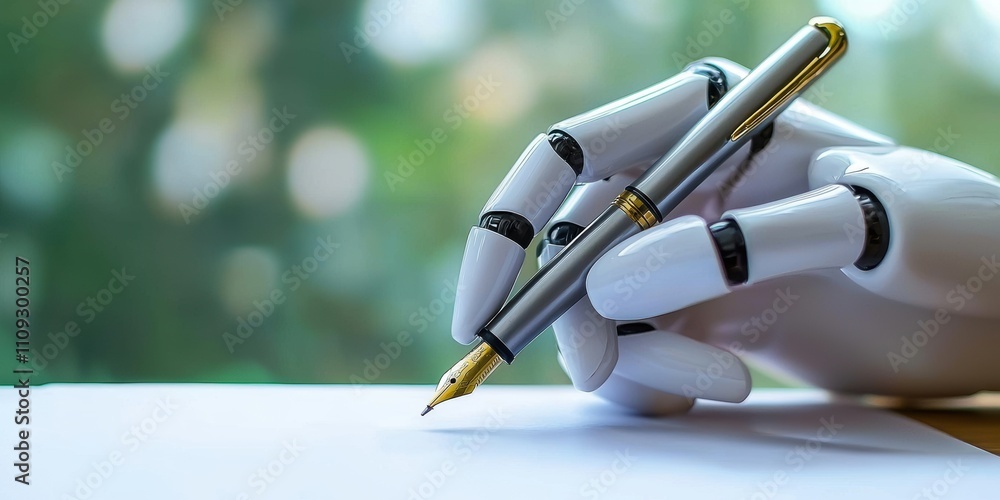 Poster photo of a robot hand writing with an ink pen on paper, symbolizing the integration and application 