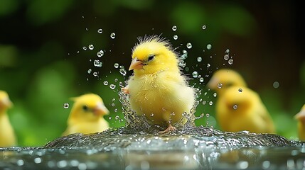 Cute yellow chick splashing in water with others.