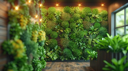 Fototapeta premium A lush green wall of plants in a modern interior space.