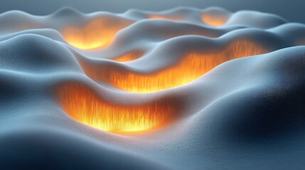 Obraz premium Abstract Wave Patterns with Glowing Orange Illuminations on a Soft Surface, Conveying Warmth and Depth in a Unique Conceptual Composition