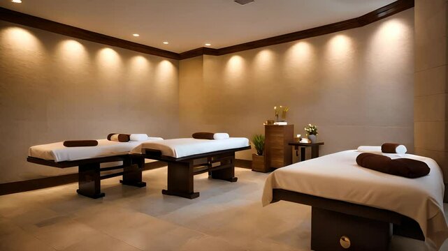 Three massage tables in a spa with brown and white decor