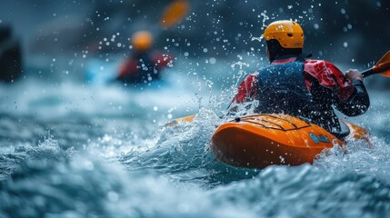 Fototapeta premium A vibrant scene of kayakers navigating through turbulent waters, showcasing the thrill and adventure of water sports.