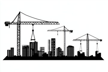 Fototapeta premium A minimalist illustration of a construction site skyline with cranes silhouetted against a solid white background