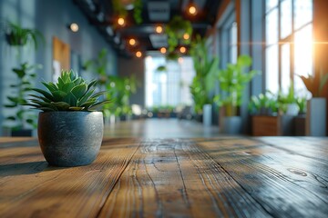 Fototapeta premium Closeup of a potted plant on a rustic wooden table in a modern office space.